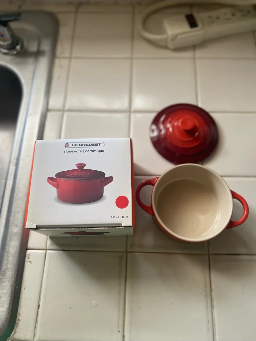Le Creuset Red Stoneware Mini Cocotte with Lid and Red Cappuccino Cup
